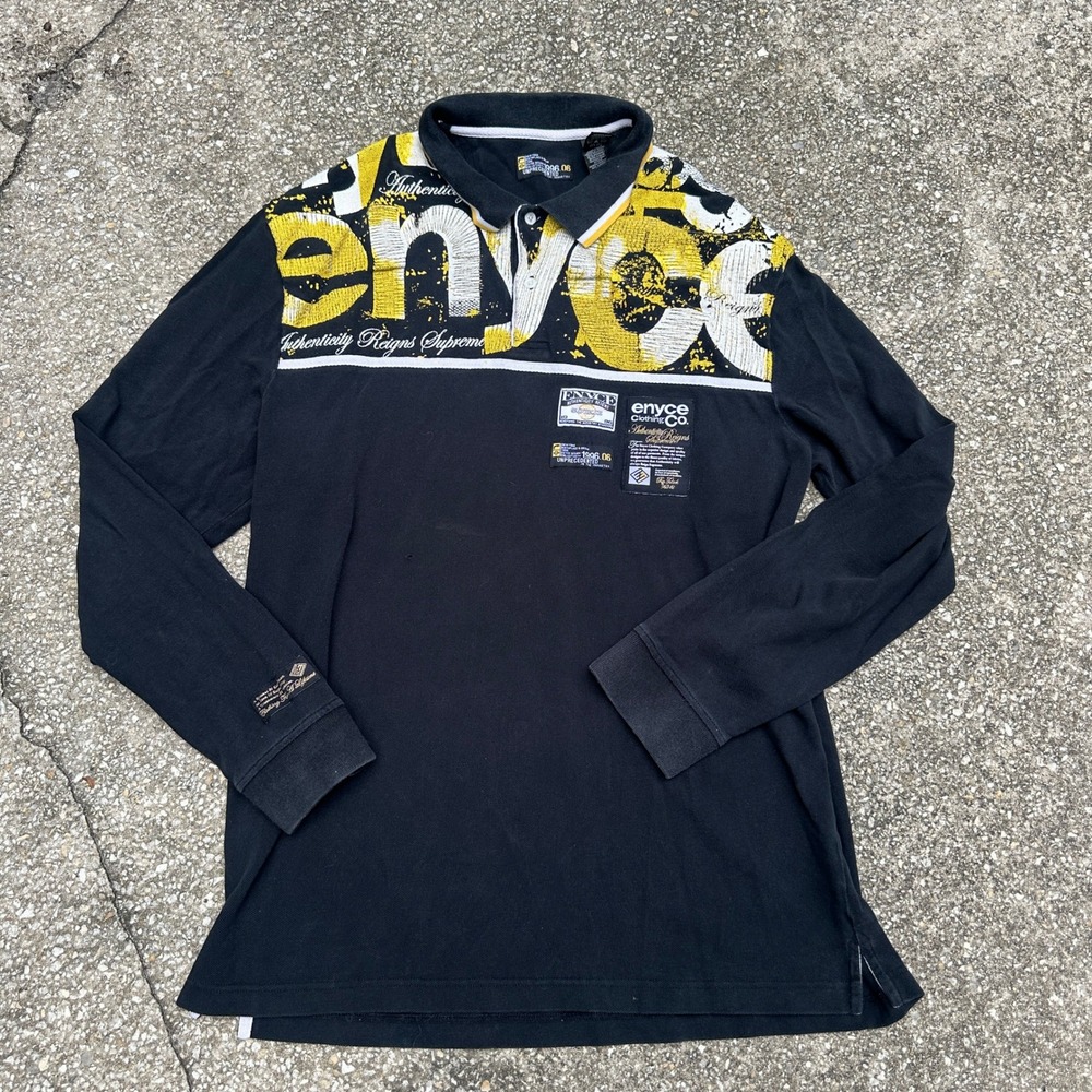 Enyce Clothing Co Mens Large Long Sleeve Polo Shirt Black Yellow Graphic
